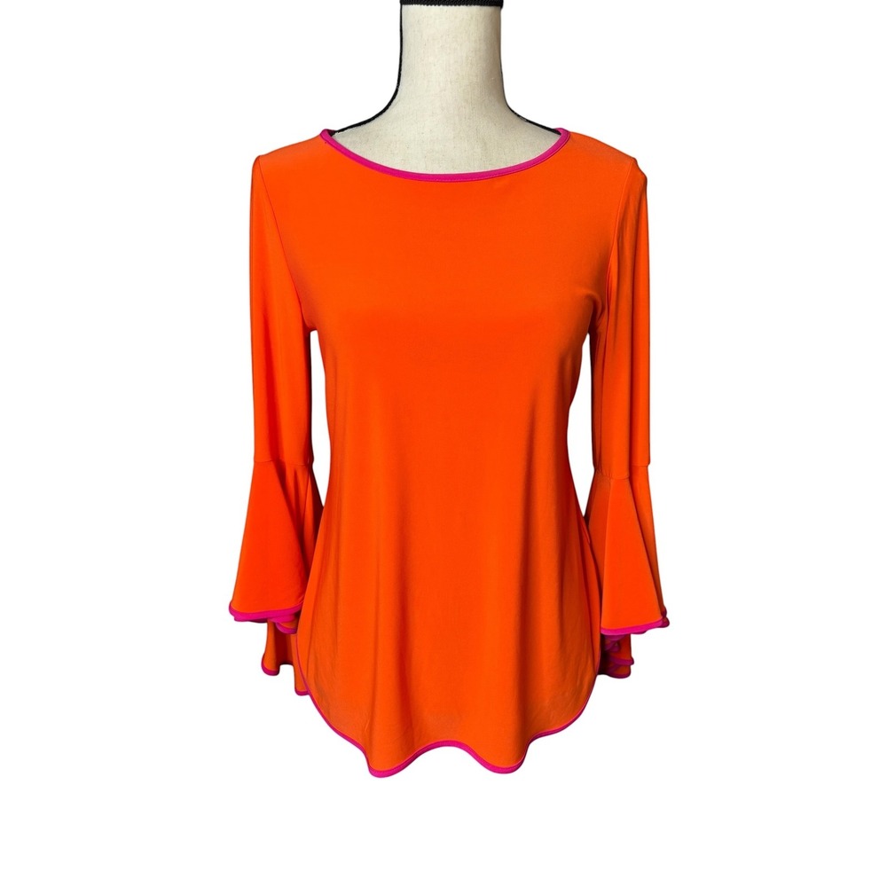Coco Bianco Womens Orange Pink Trim Bell Sleeve Blouse Scoop Neck Top Small